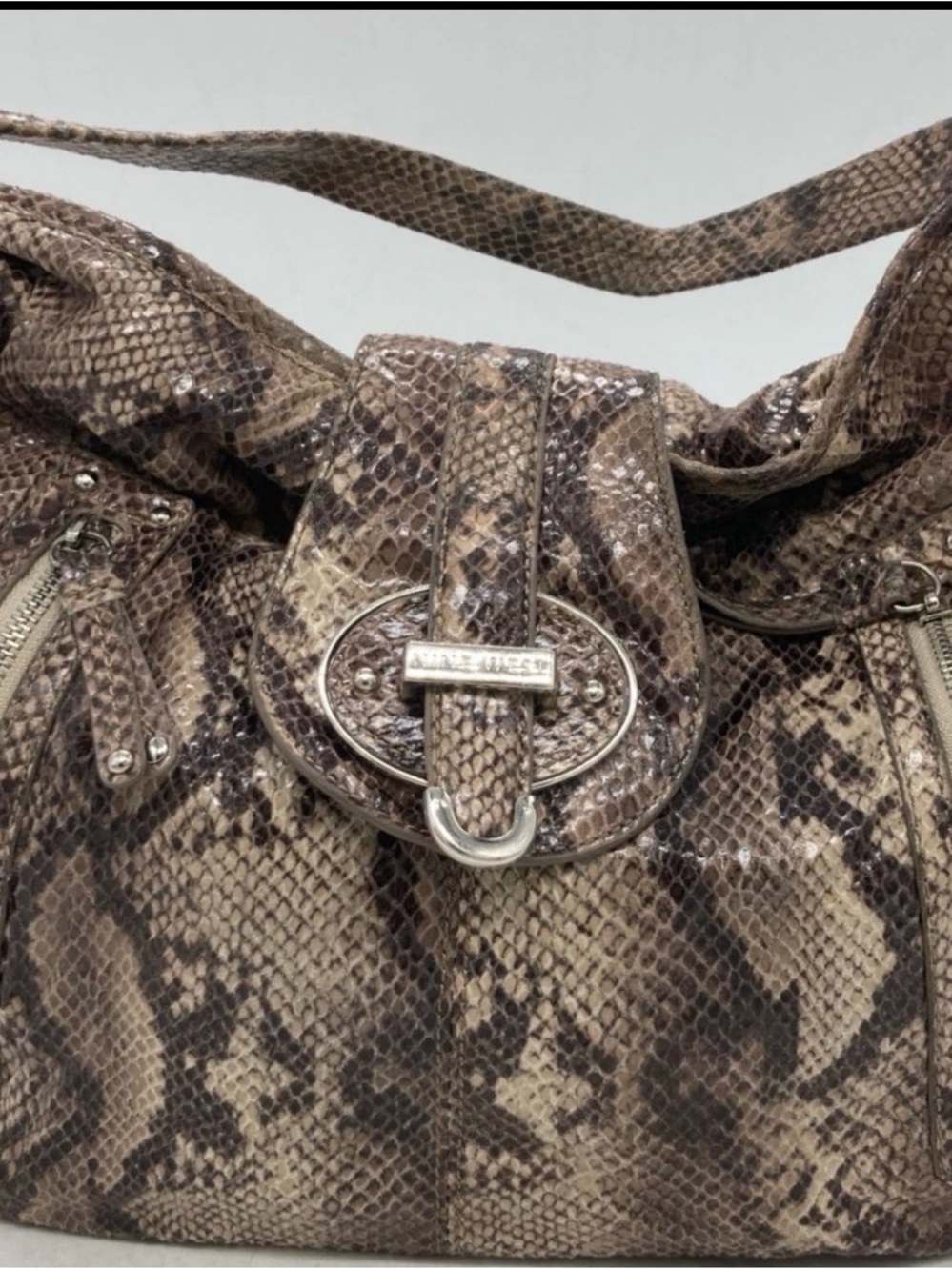 Nine West Brown Snake-Print Shoulder Bag with Silver Hardware
